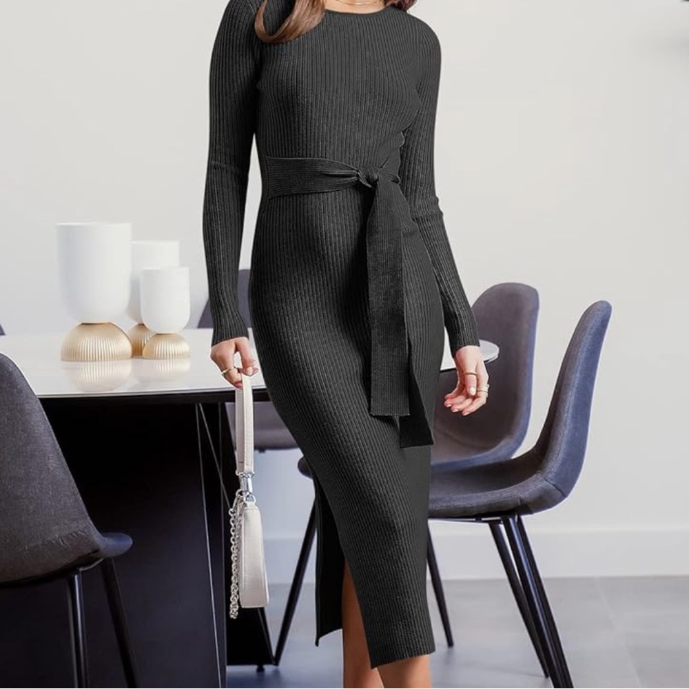 ASOS Women's Crew Neck Long Sleeve Midi Sweater Dress Elegant Side Slit Rib Knit